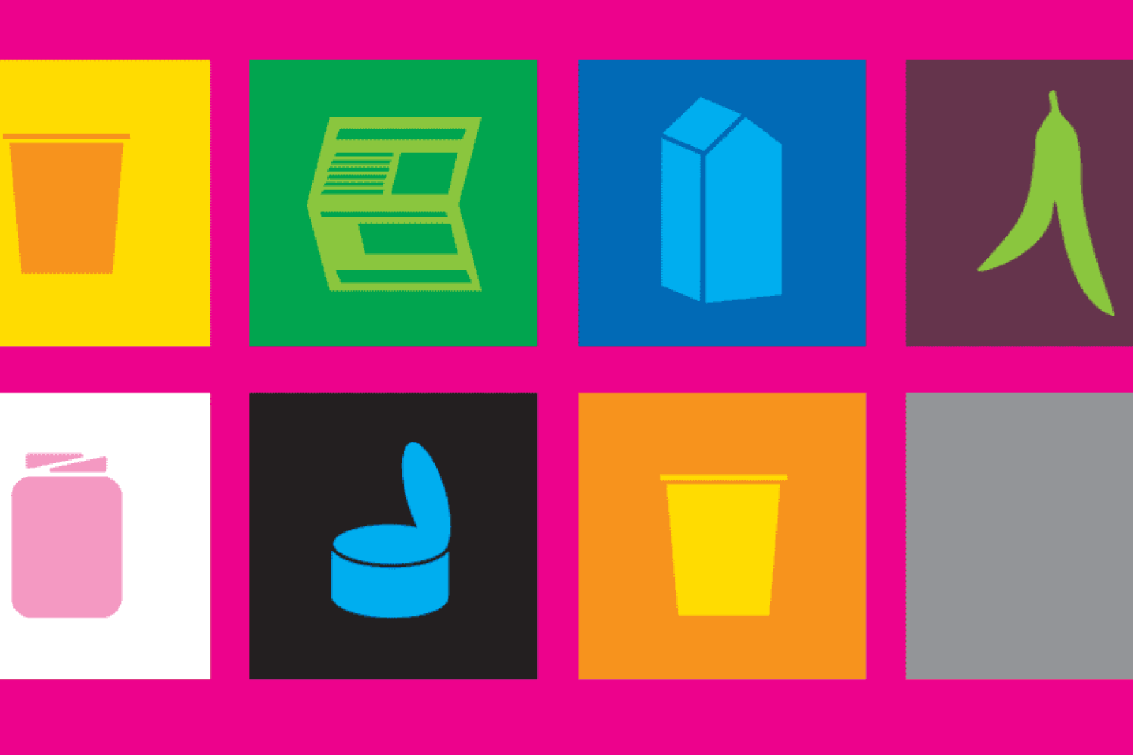 Kuvassa jätteiden ikoneja ja jätejakeiden värikoodit.